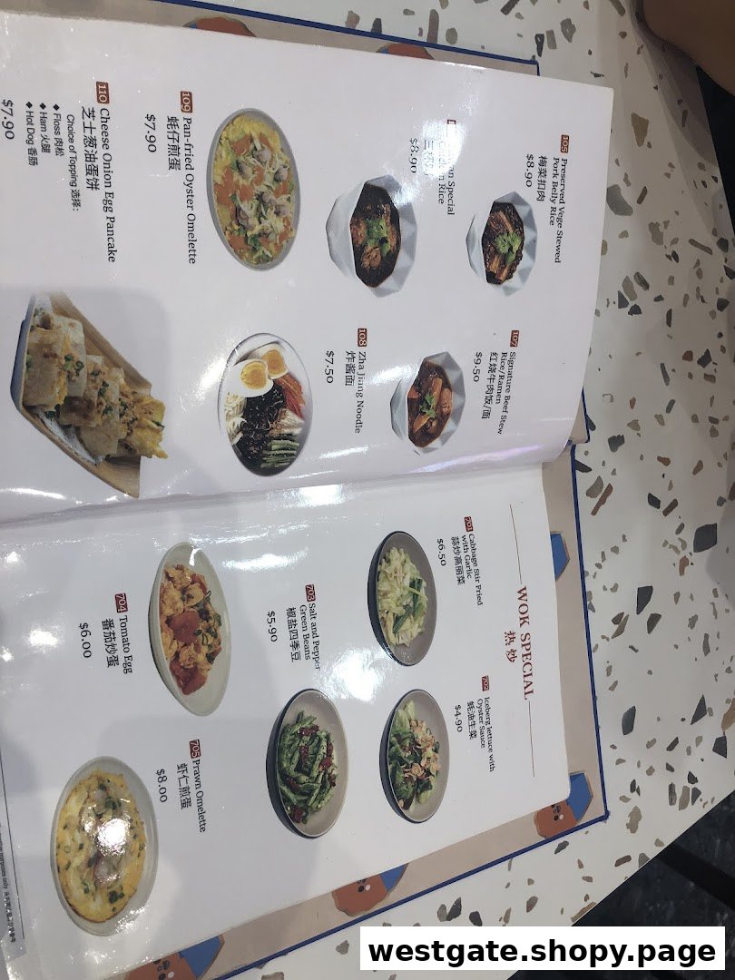 A detailed menu page showcasing various Taiwanese main dishes, wok specials, and omelettes with prices.