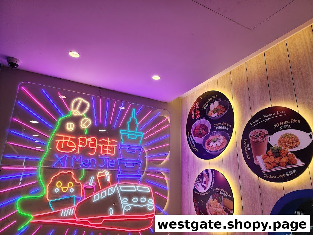 Vibrant neon sign and illuminated displays showcasing Taiwanese dishes and drinks at Xi Men Jie.