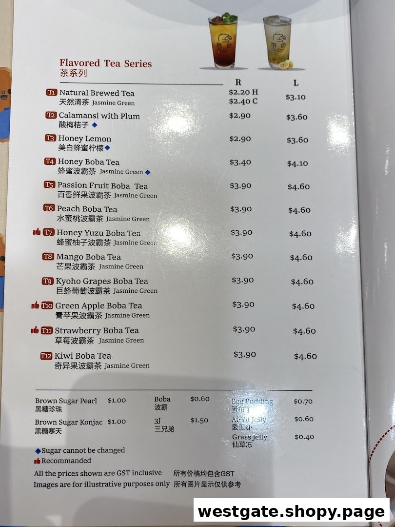 A detailed menu displaying a variety of Taiwanese flavored teas and toppings with prices.