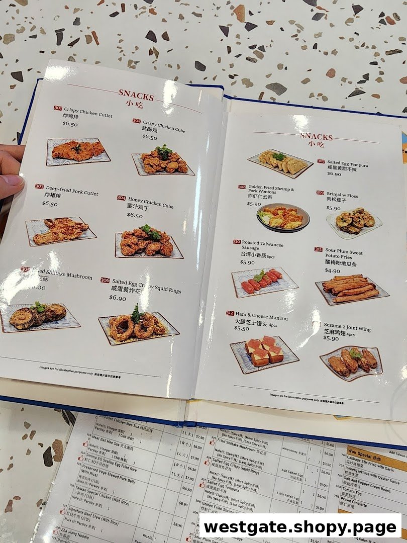 A detailed view of a Taiwanese restaurant's menu, showcasing a variety of snacks with images and prices.