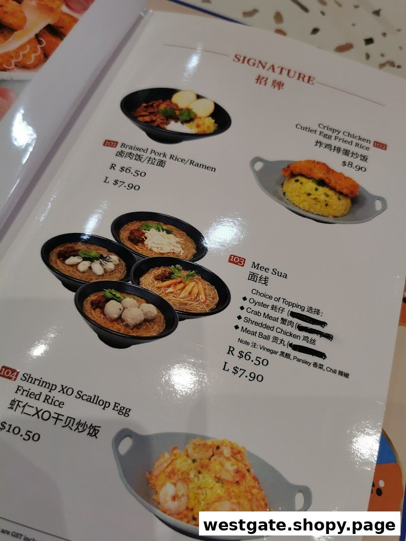 A vibrant menu page showcasing signature Taiwanese dishes like Braised Pork Rice, Crispy Chicken Fried Rice, Mee Sua, and Shrimp XO Scallop Egg Fried Rice.