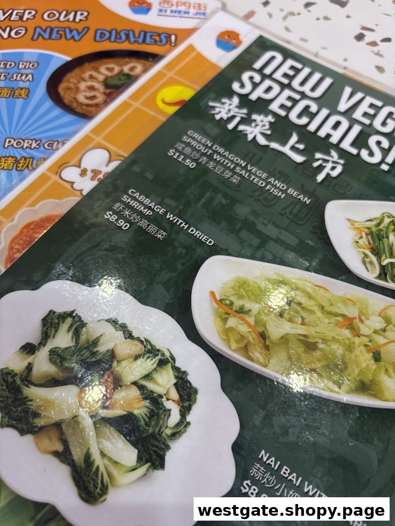 Close-up of Xi Men Jie's menu, highlighting new vegetable specials and other wholesome Taiwanese dishes.