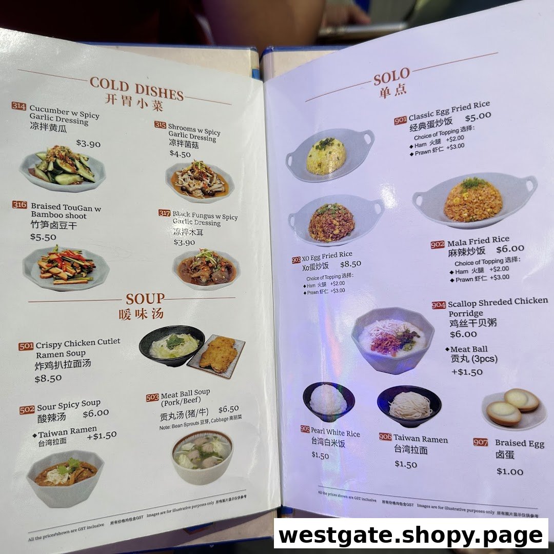 A detailed menu displaying a variety of Taiwanese cold dishes, soups, and solo main courses.