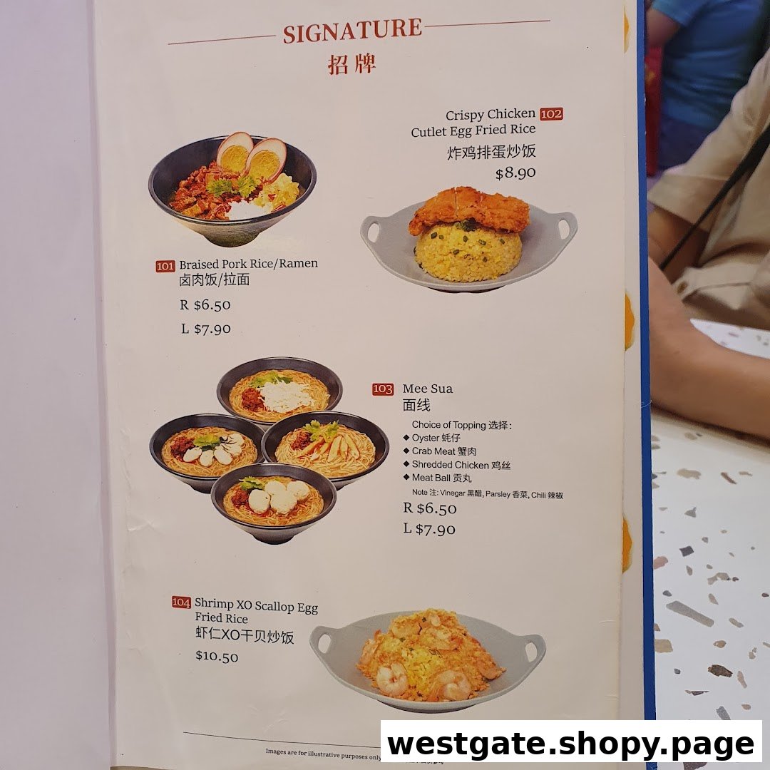 A vibrant menu page showcasing Taiwanese signature dishes like braised pork, fried rice, and mee sua.