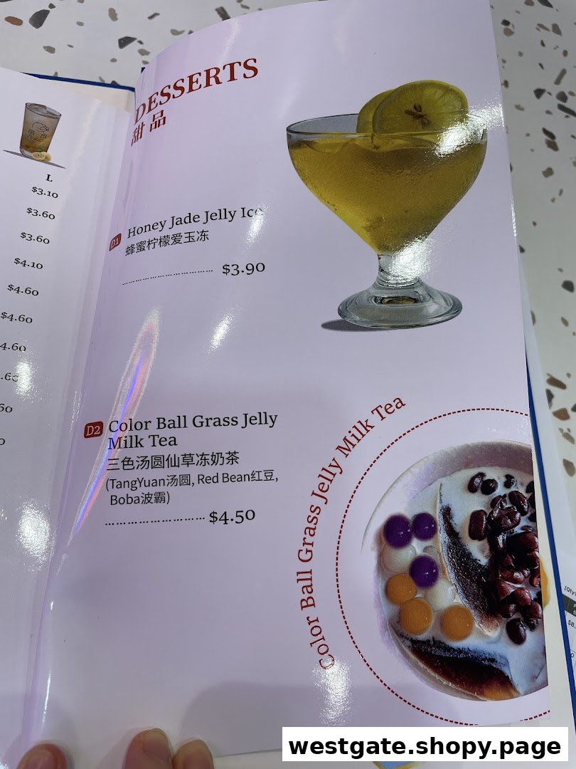 A menu page displaying delicious Taiwanese desserts and refreshing drinks with prices.
