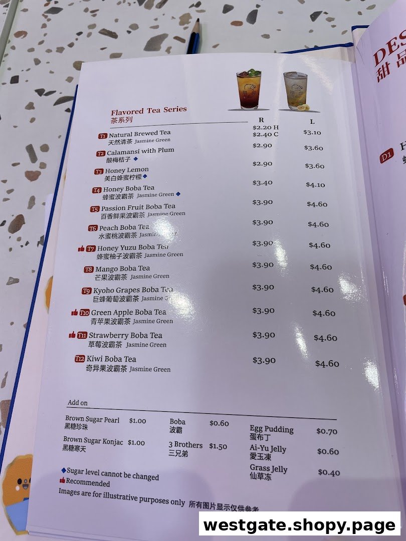 A page from a Taiwanese tea shop's menu displaying various flavored teas, boba, and add-ons with prices.