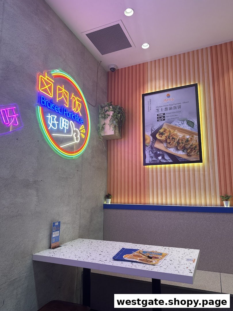 A modern interior shot of Xi Men Jie featuring a neon sign, a dining table, and a promotional food poster.