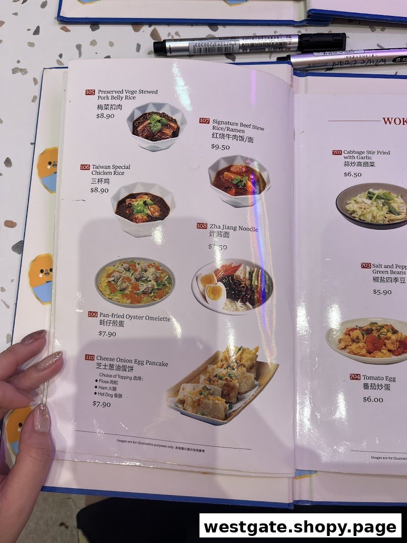 A close-up of a Taiwanese restaurant menu displaying various dishes with their names, descriptions, and prices.