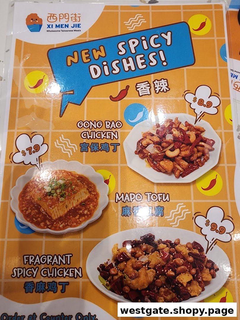 A menu page from Xi Men Jie featuring new spicy Taiwanese dishes with prices and images.