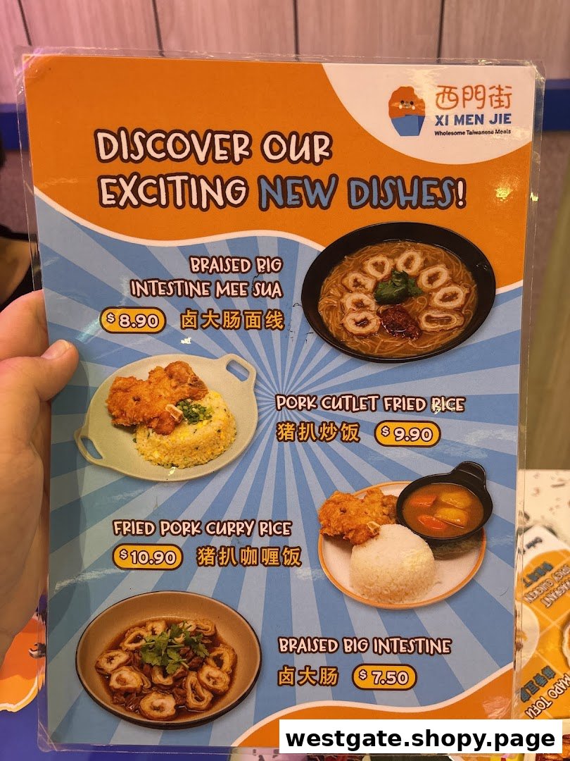 A vibrant menu board showcasing new Taiwanese dishes with images and prices from Xi Men Jie.