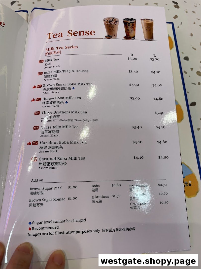 A detailed menu page showcasing milk tea series and various add-ons from Xi Men Jie.