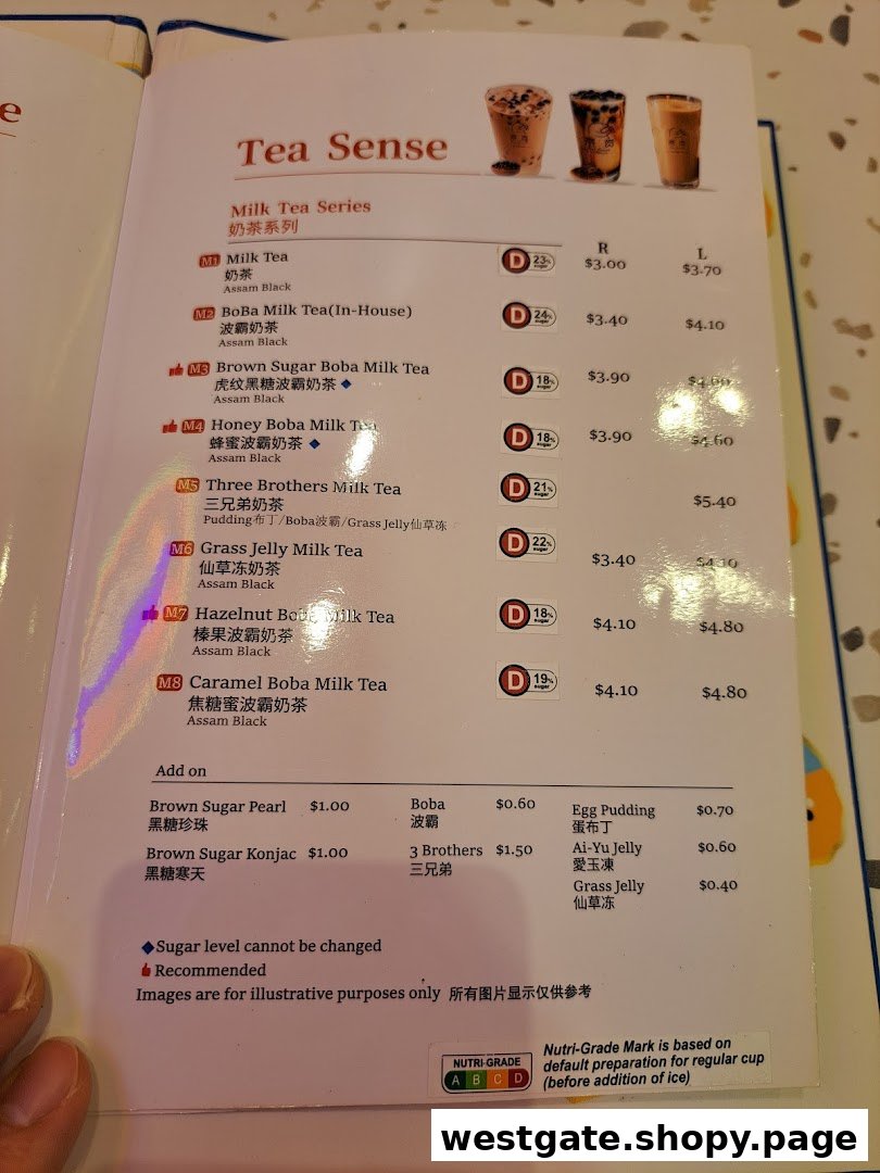 A detailed menu page showcasing a variety of milk teas and add-ons from 'Tea Sense'.