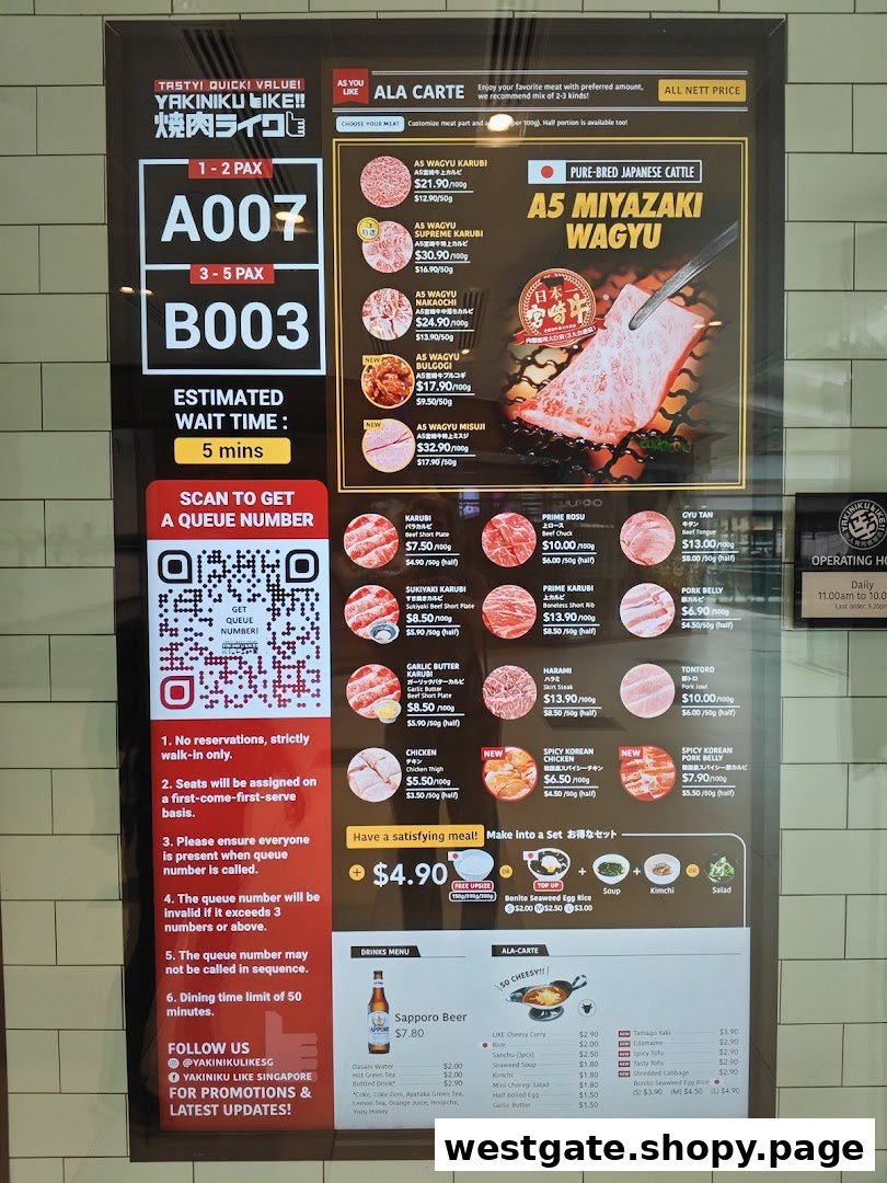 A digital display board showing Yakiniku Like's menu, queue information, and estimated wait times.