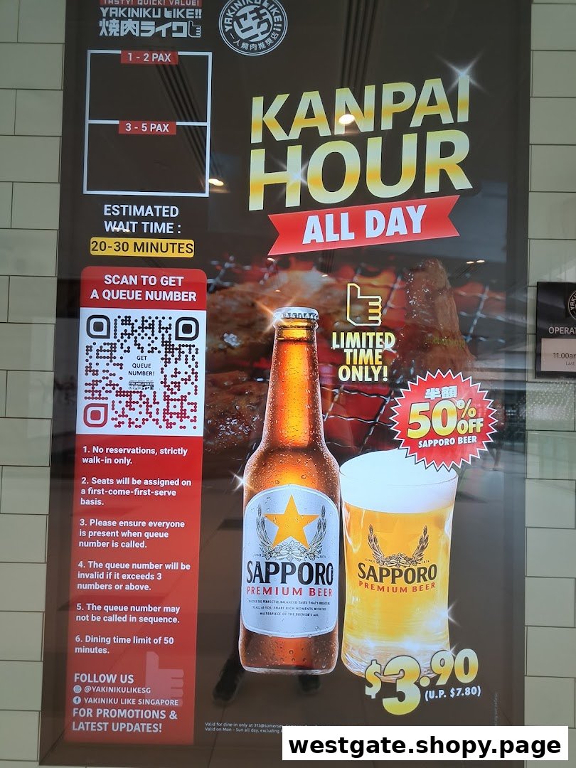 A promotional poster for Yakiniku Like, featuring a Sapporo beer offer and queueing instructions.