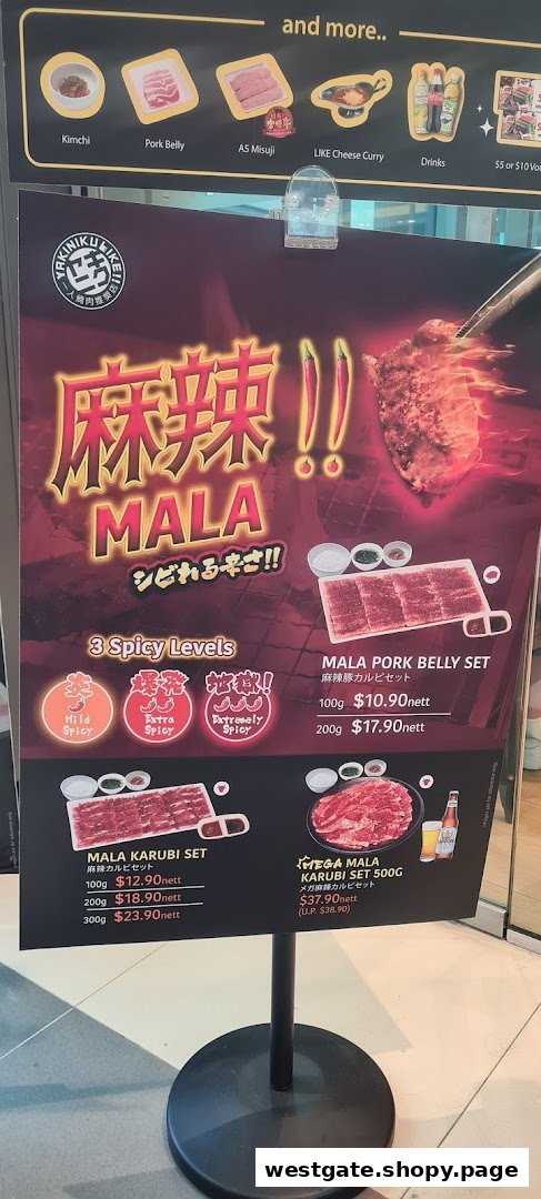 A promotional menu board for Yakiniku Like, highlighting their spicy Mala yakiniku sets with customizable spice levels.