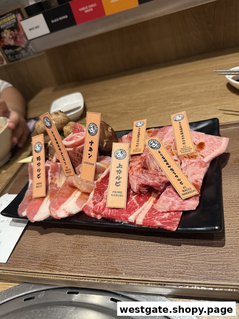 A tempting platter of various raw meats, including wagyu, chicken, and pork belly, ready for grilling.