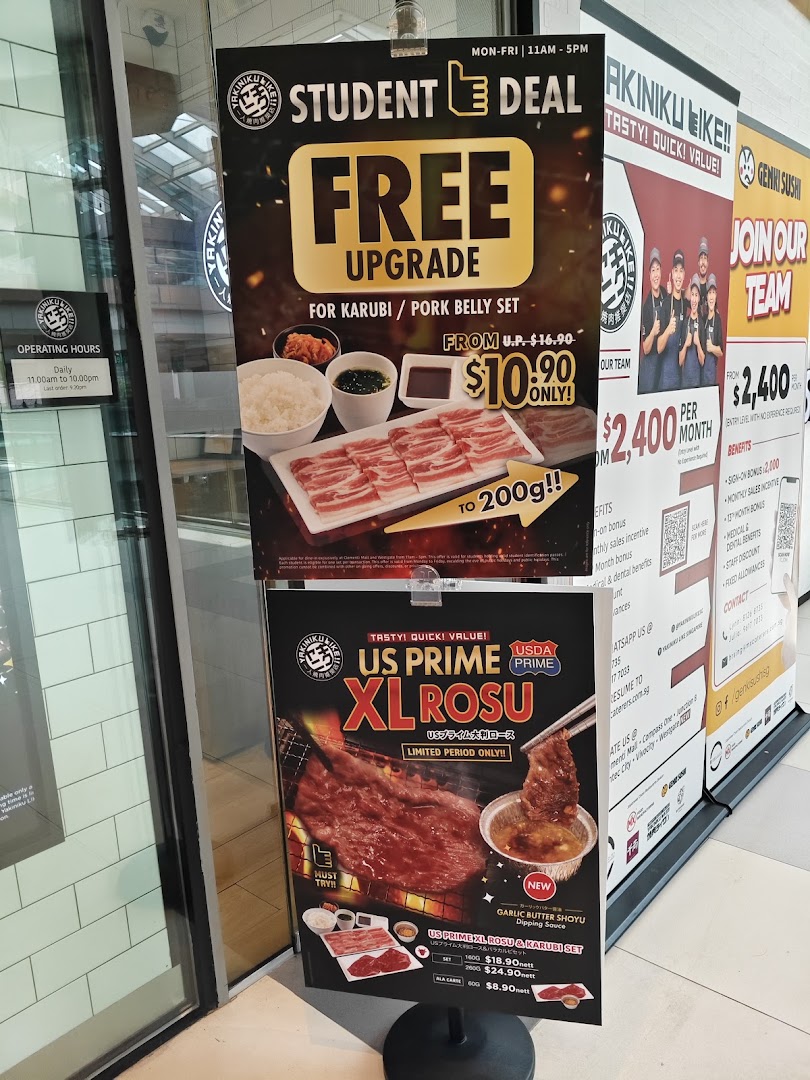 Promotional posters for Yakiniku Like featuring student deals, US Prime XL Rosu, and operating hours.