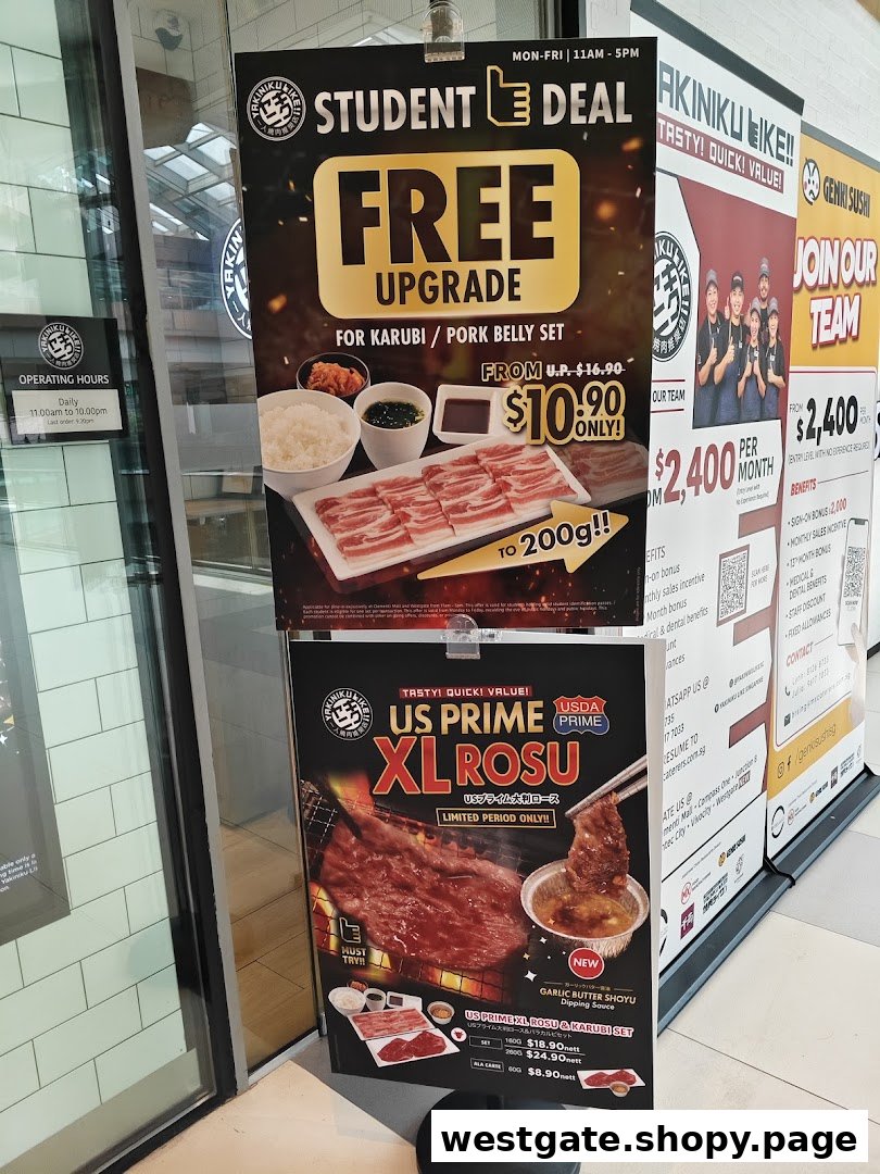 Promotional posters for Yakiniku Like featuring student deals, US Prime XL Rosu, and operating hours.