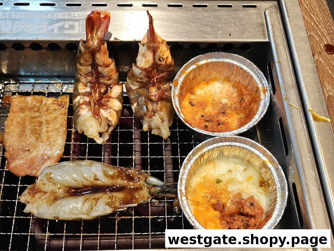 Assorted seafood and meat grilling on a yakiniku grill, with cheesy side dishes in foil cups.