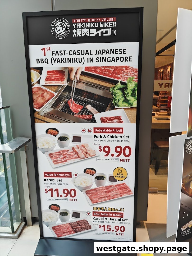 A promotional stand for Yakiniku Like, showcasing their fast-casual BBQ concept and popular sets.