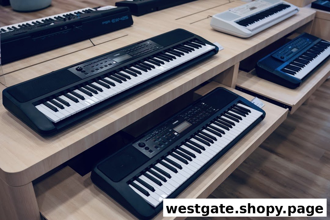 Multiple Yamaha keyboards and digital pianos displayed on wooden shelves in a music store.