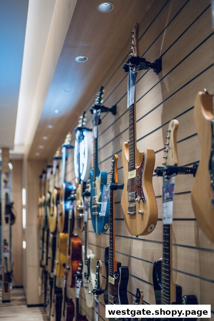 A wide selection of guitars displayed on a wooden slat wall inside a music store.