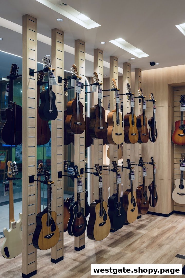 A wide selection of acoustic and classical guitars displayed neatly in a music store.