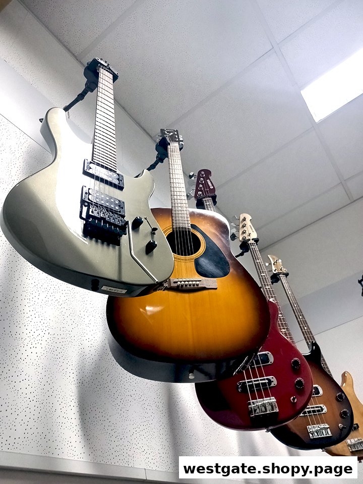 A row of various guitars, including electric, acoustic, and bass, displayed inside a music store.