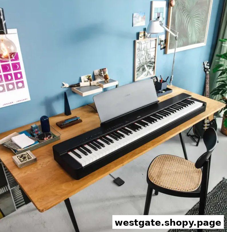 A Yamaha digital piano on a wooden desk in a modern room, ready for music practice.
