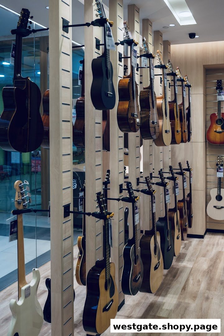 A wide selection of acoustic and electric guitars displayed neatly in a music store.