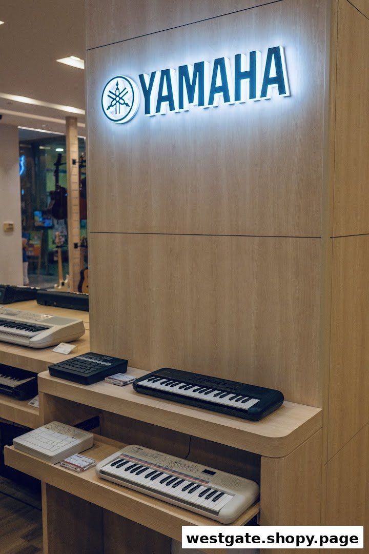 Interior view of Yamaha Music Store displaying various keyboards and the illuminated brand logo.