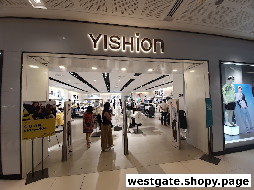 The brightly lit entrance of YISHION fashion store, showcasing its inviting interior and current promotions.