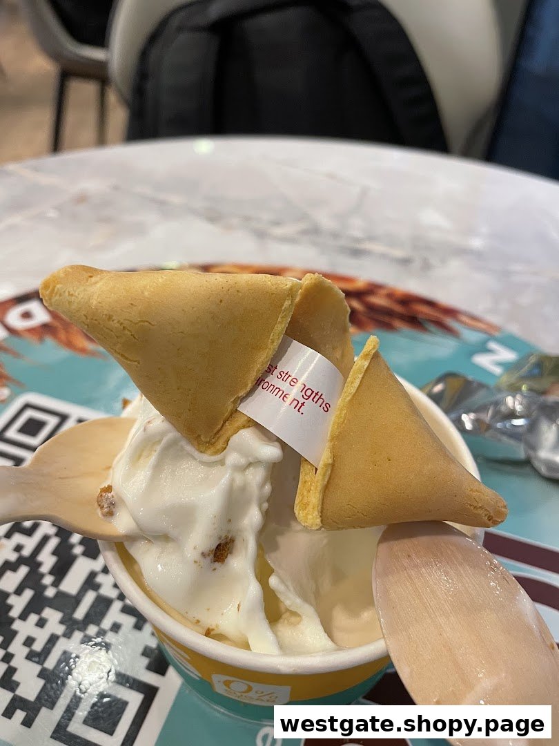 A cup of frozen yogurt topped with a fortune cookie and a wooden spoon.