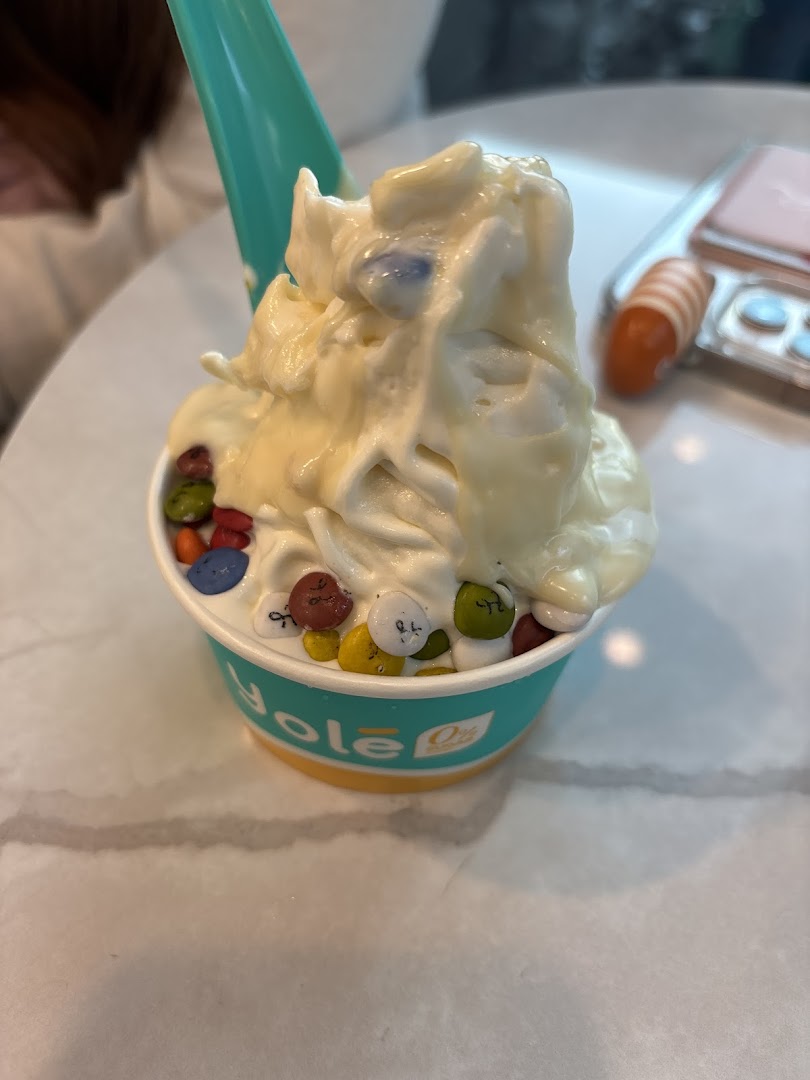 A close-up of a Yolé frozen yogurt cup topped with colorful candies and white chocolate sauce.