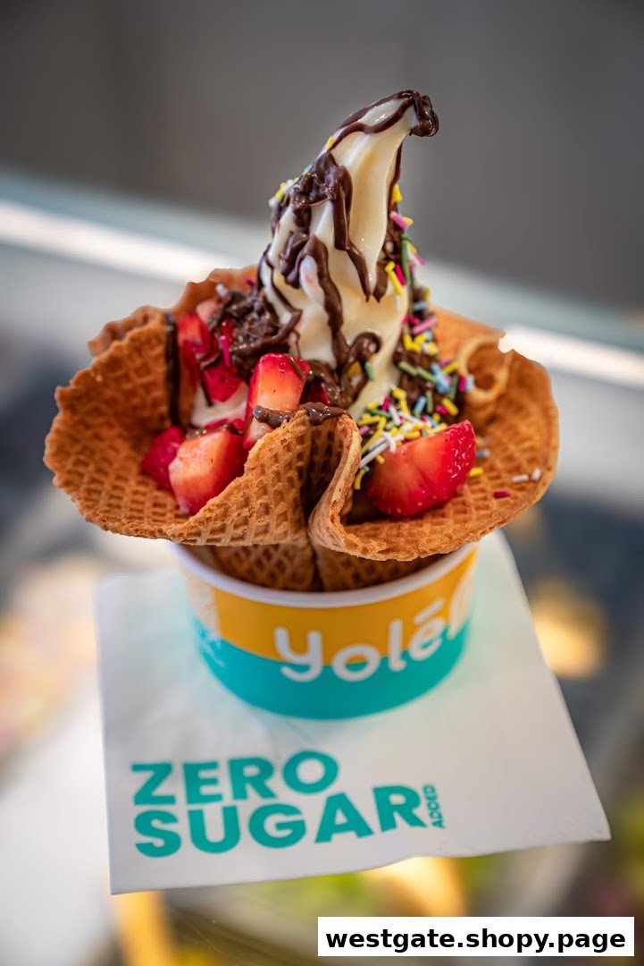 A delicious Yolé frozen yogurt with chocolate drizzle, sprinkles, and strawberries in a waffle bowl.