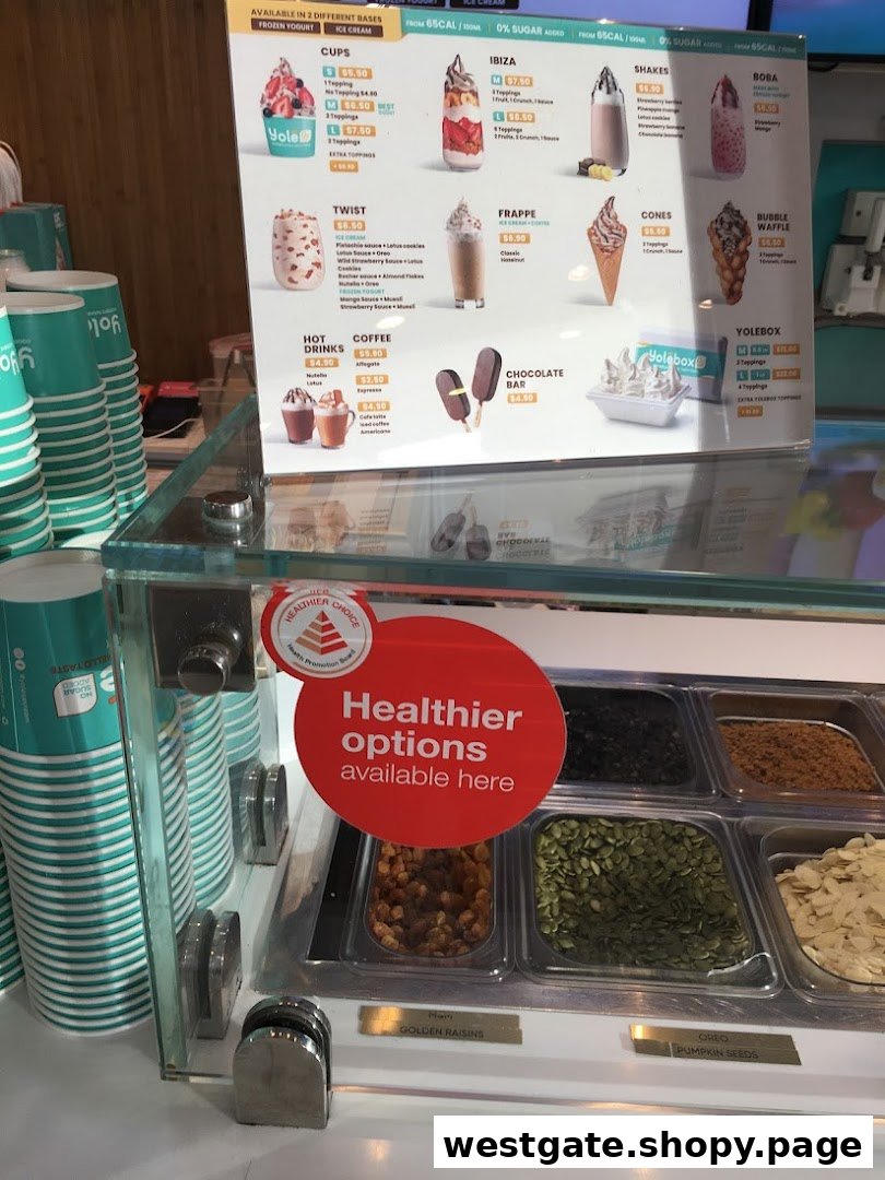 A detailed menu board for Yolé frozen yogurt and desserts, showcasing various cups, shakes, and toppings.