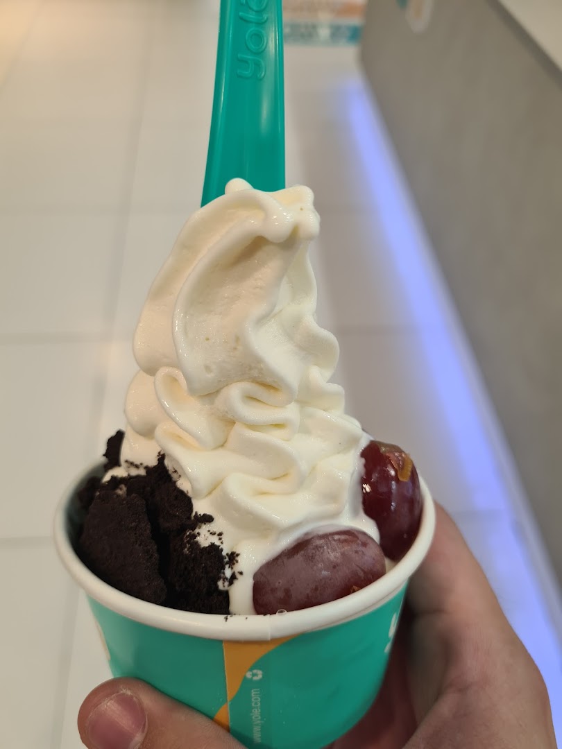 A hand holds a cup of Yolé frozen yogurt topped with creamy froyo, chocolate cookie crumbles, and fresh grapes.