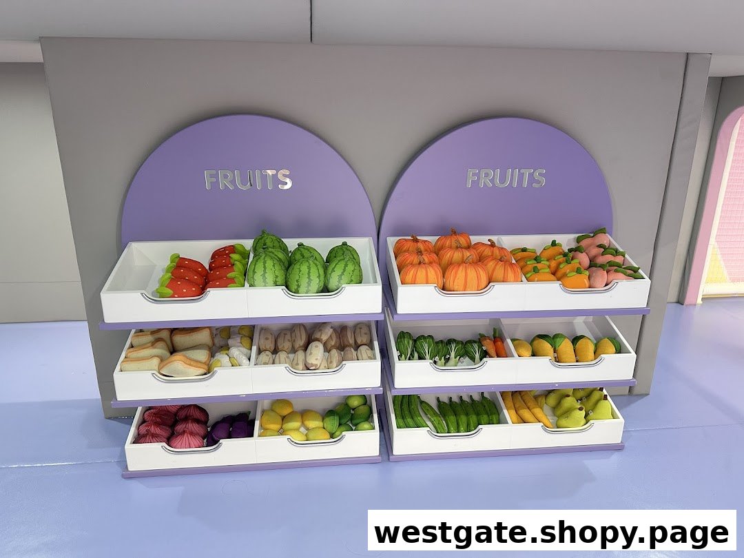 A vibrant display of toy fruits and vegetables on shelves, designed for imaginative play.