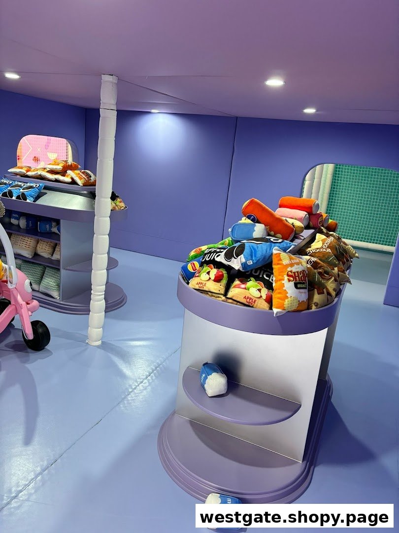 Interior view of Yooland featuring colorful plush food toys on display stands in a vibrant purple-themed room.