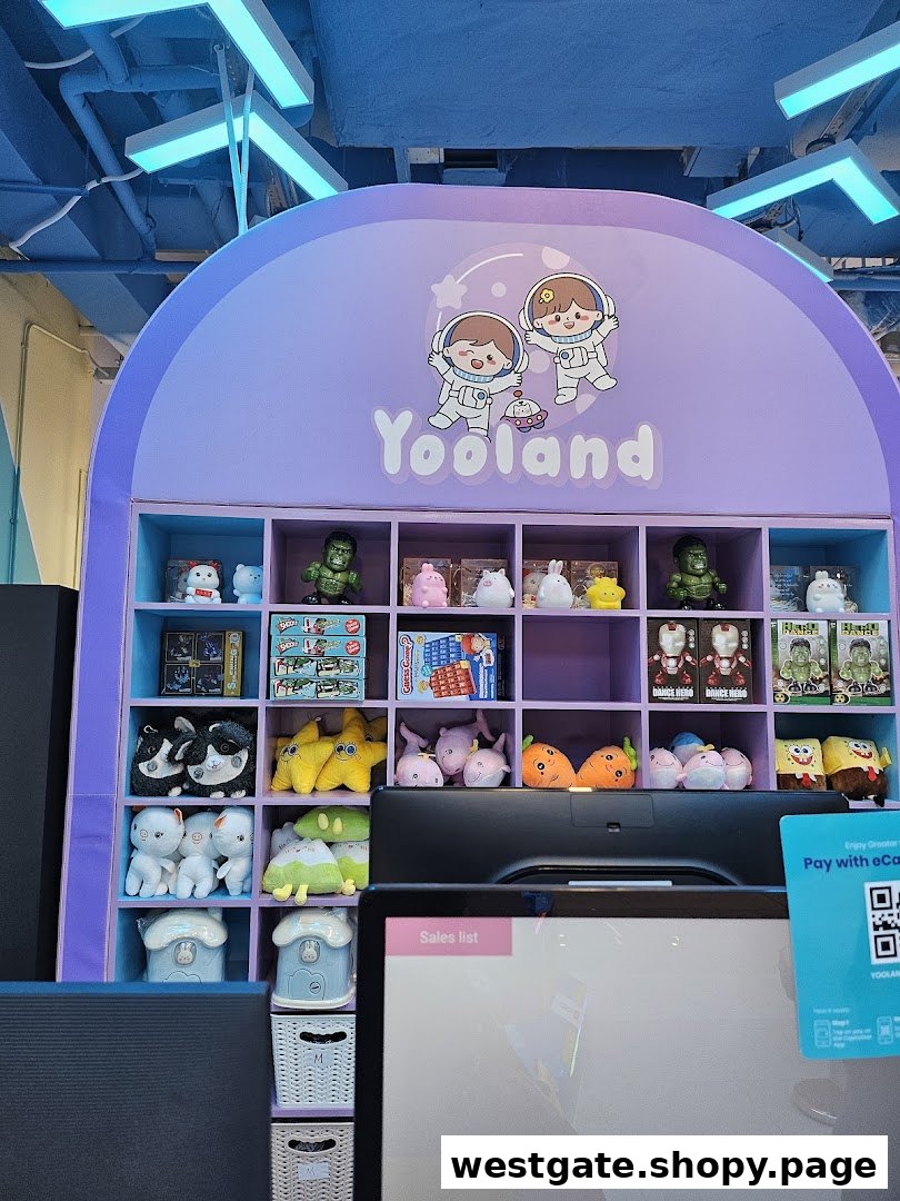 A vibrant Yooland shop interior featuring shelves stocked with diverse toys and plushies.