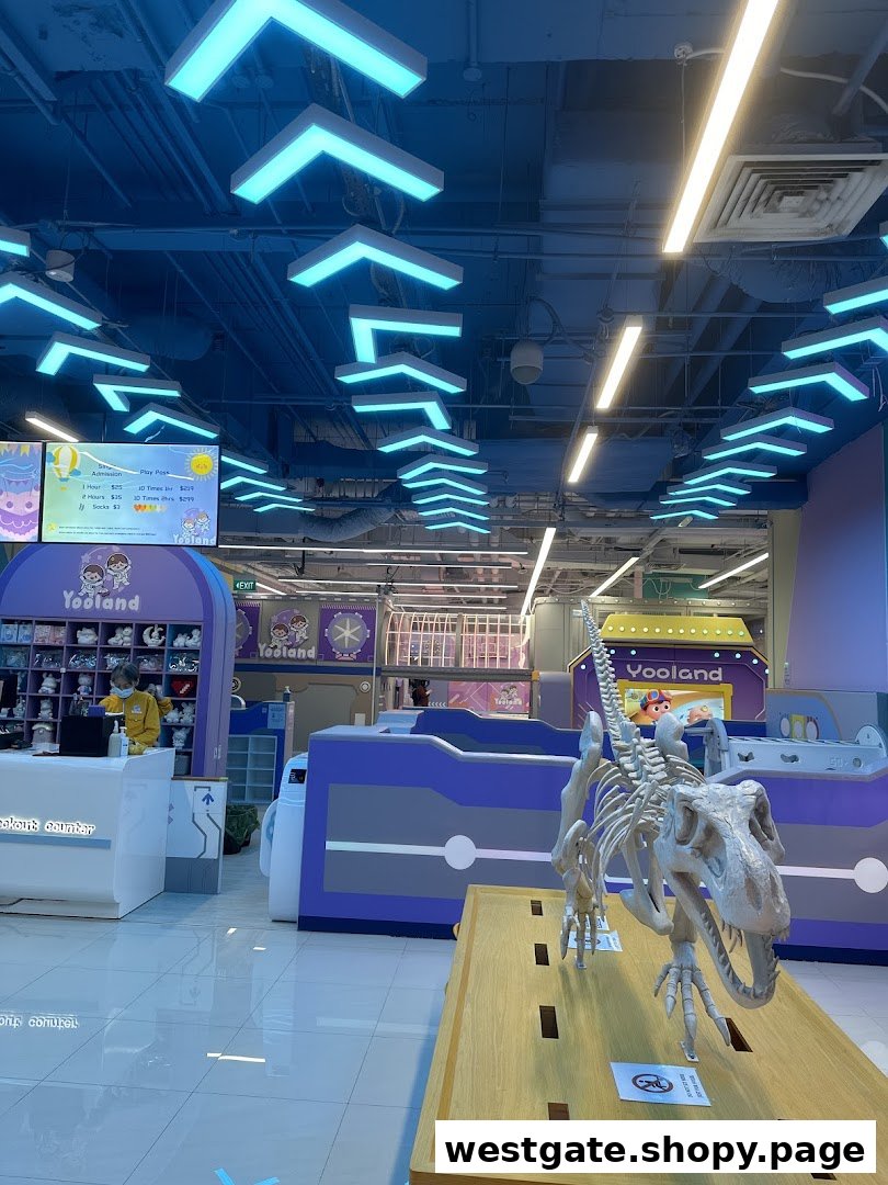 A vibrant Yooland interior featuring a dinosaur display and a visible price list for admission and play passes.
