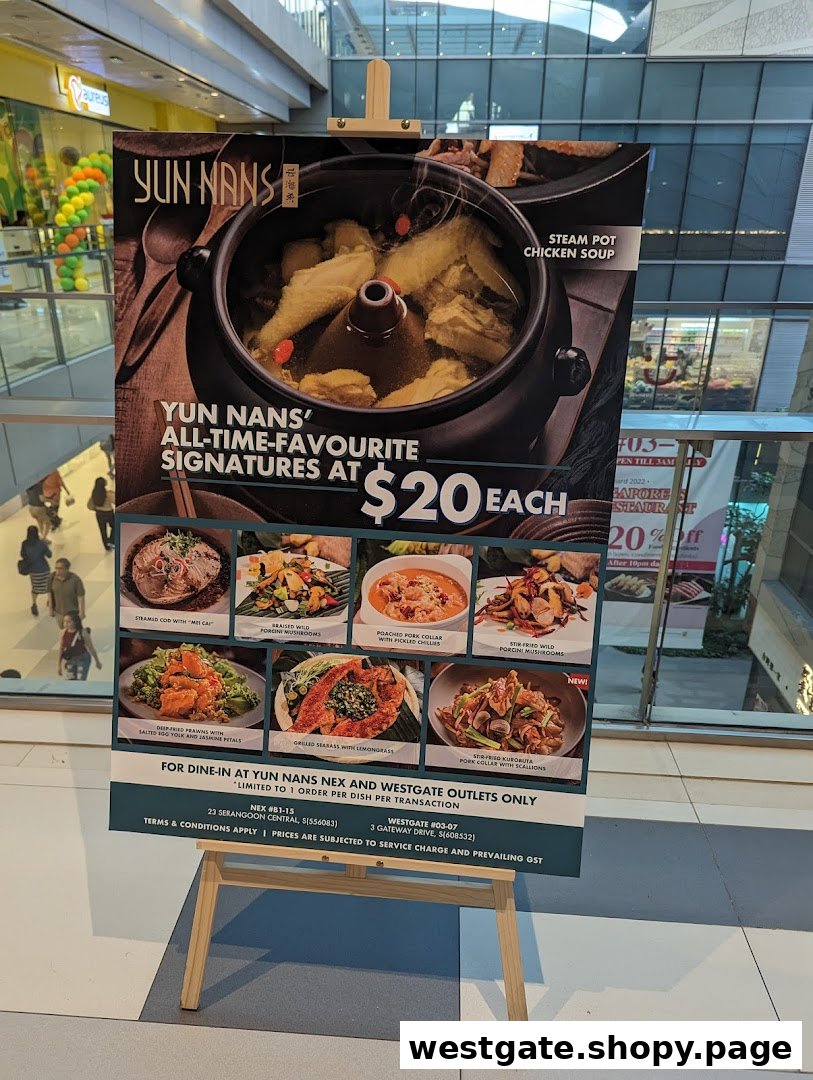 A promotional stand displaying Yun Nans' signature dishes and a special $20 offer.