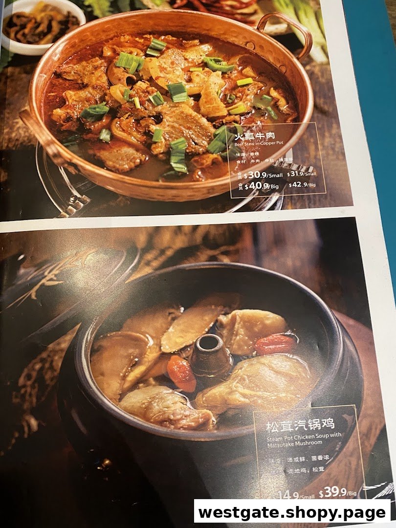 A menu page showcasing two signature dishes: Beef Stew in Copper Pot and Steam Pot Chicken Soup.