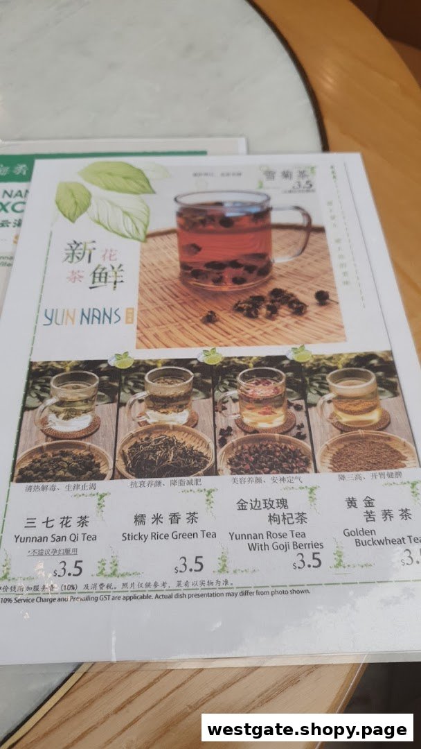A close-up of a YUN NANS menu featuring various traditional Chinese teas.