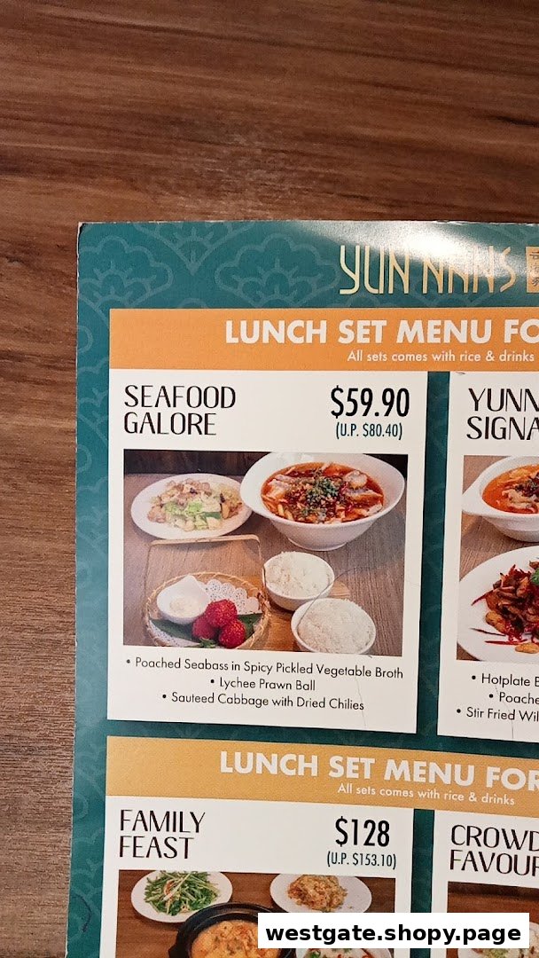 A close-up of YUN NANS' lunch set menu, featuring 'Seafood Galore' and 'Family Feast' options.