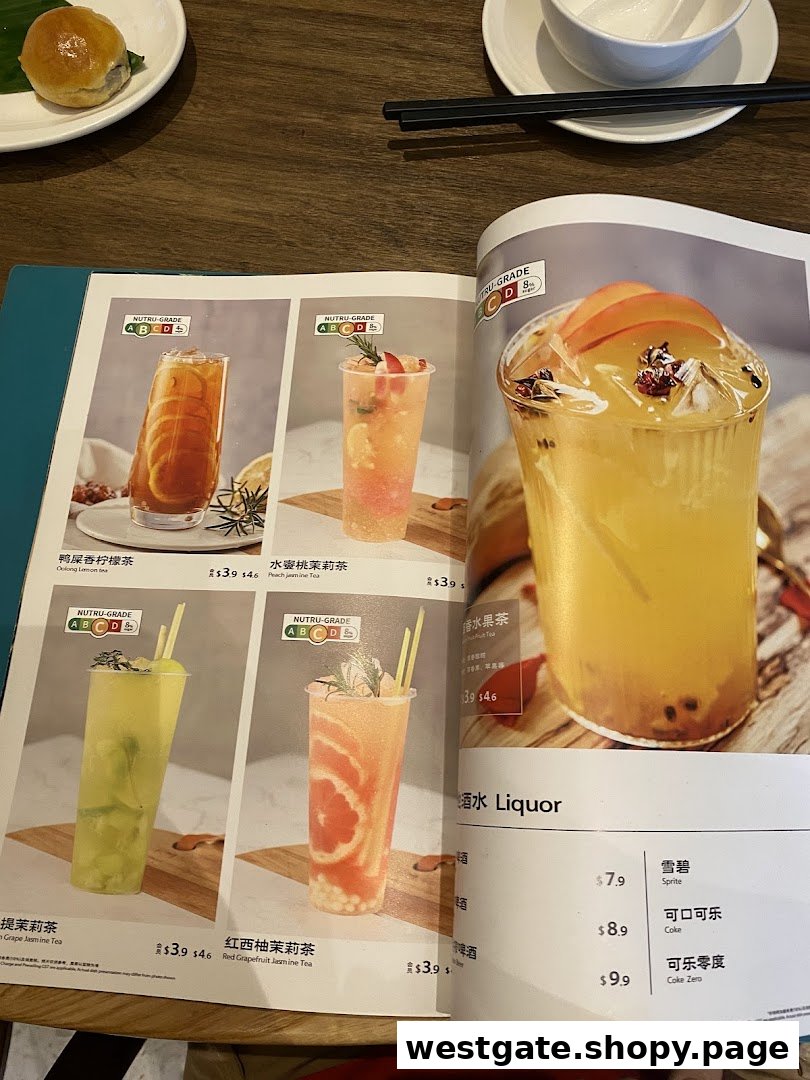 A vibrant menu page showcasing a variety of refreshing fruit teas and soft drinks with prices.